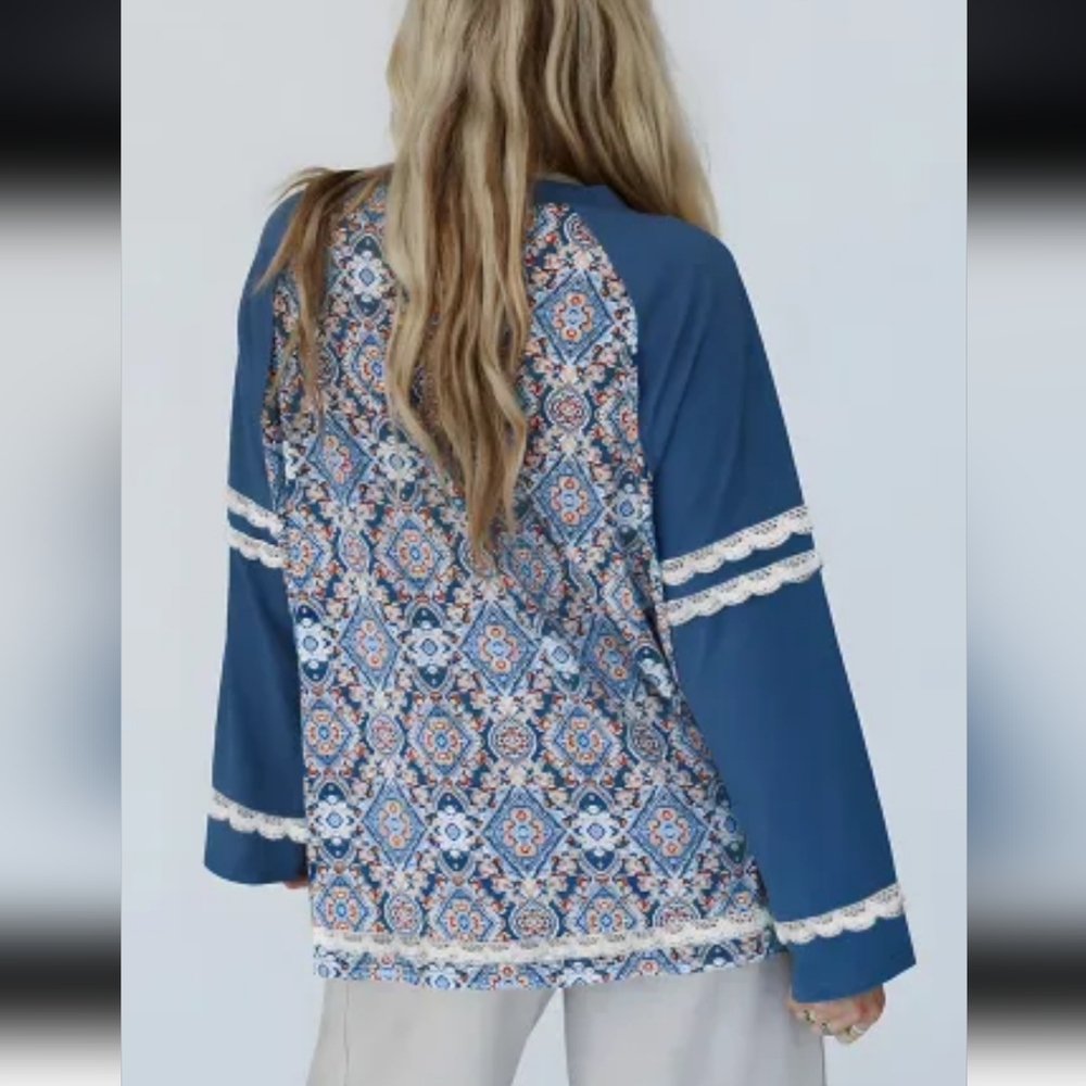 New Blue Patterned Lace Detail Women's Top - Picture 3 of 15